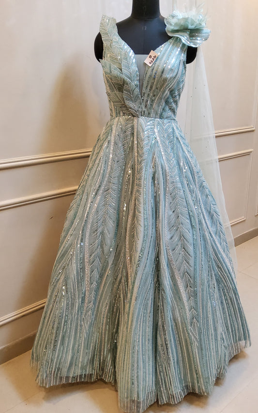 Sky blue net fancy gown