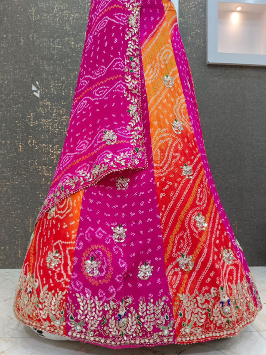 Multi-color pure georgette bandhni semi-stitched lehengha