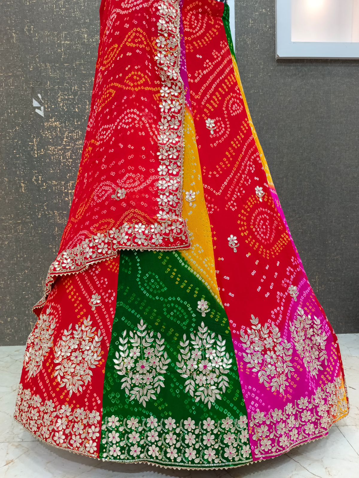 Multi-color pure georgette bandhni semi-stitched lehengha