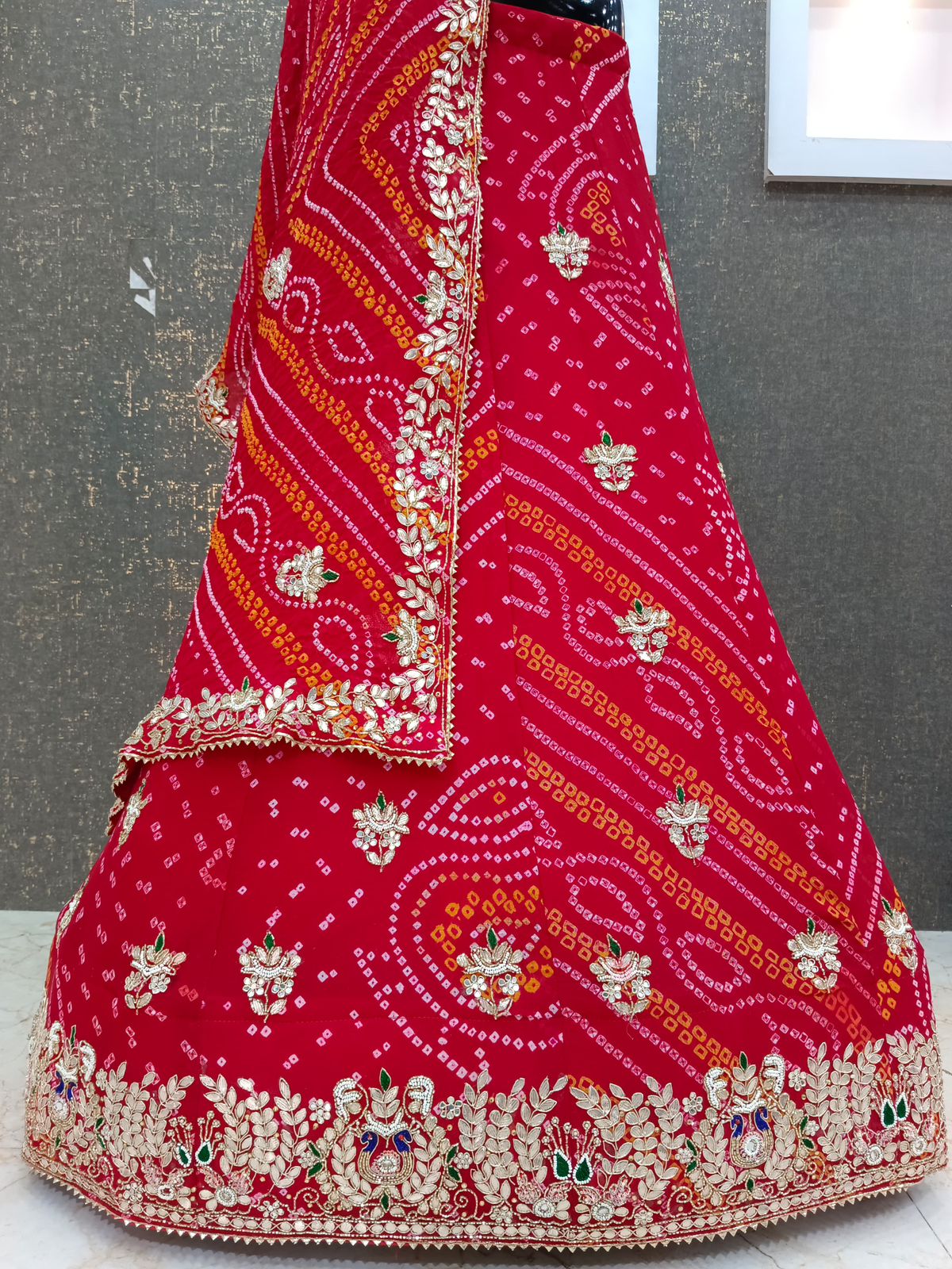 Red pure georgette bandhni semi-stitched lehengha